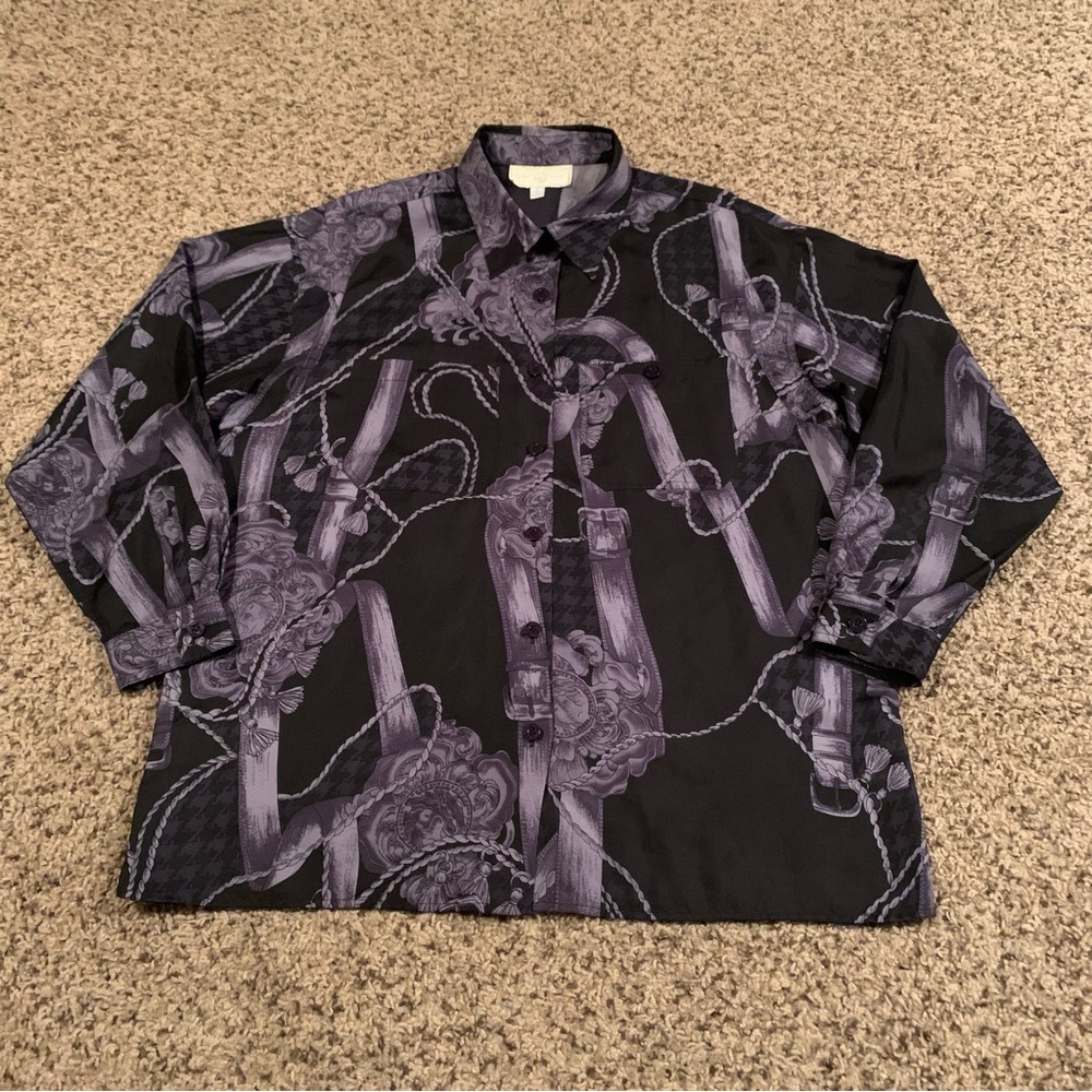 Vintage St. John Sport by Marie Gray Womens Silk Button Up Shirt All Over Medusa
